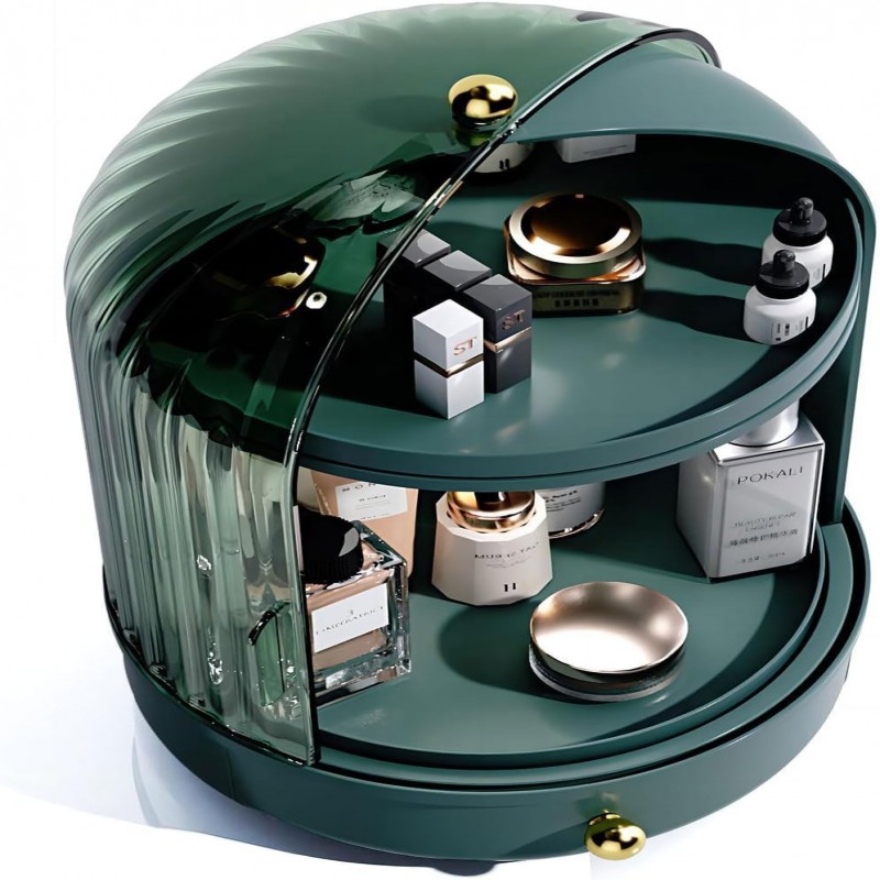 Rotating Makeup Storage With Cover And Drawer, Large Skincare Cosmetics Organizer (Green)