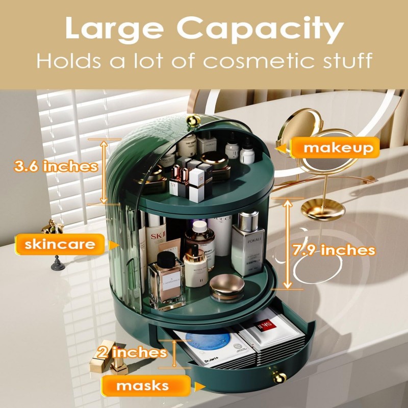Rotating Makeup Storage With Cover And Drawer, Large Skincare Cosmetics Organizer (Green)