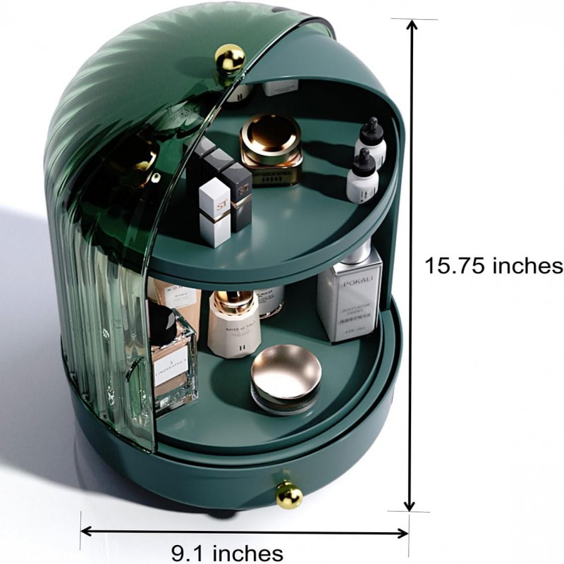 Rotating Makeup Storage With Cover And Drawer, Large Skincare Cosmetics Organizer (Green)