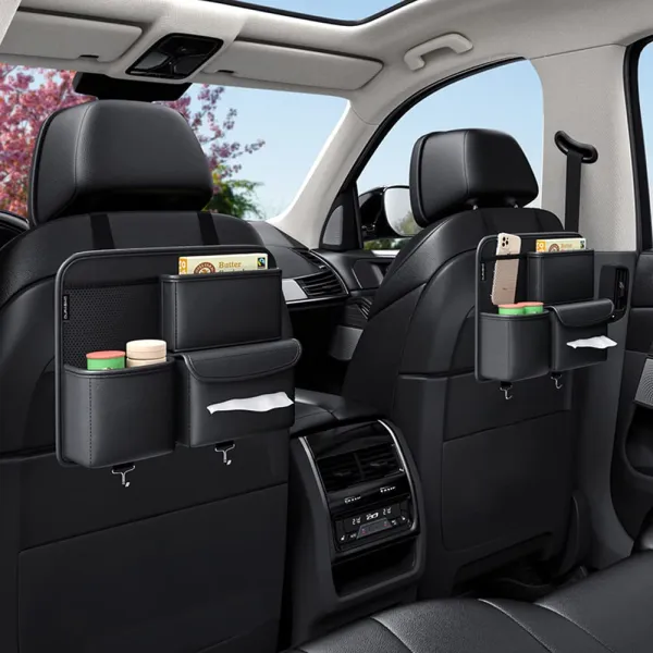 Car Backseat Organizer, Hanging PU Leather Car Seat Storage Box, Tissue Box and Cup Holder