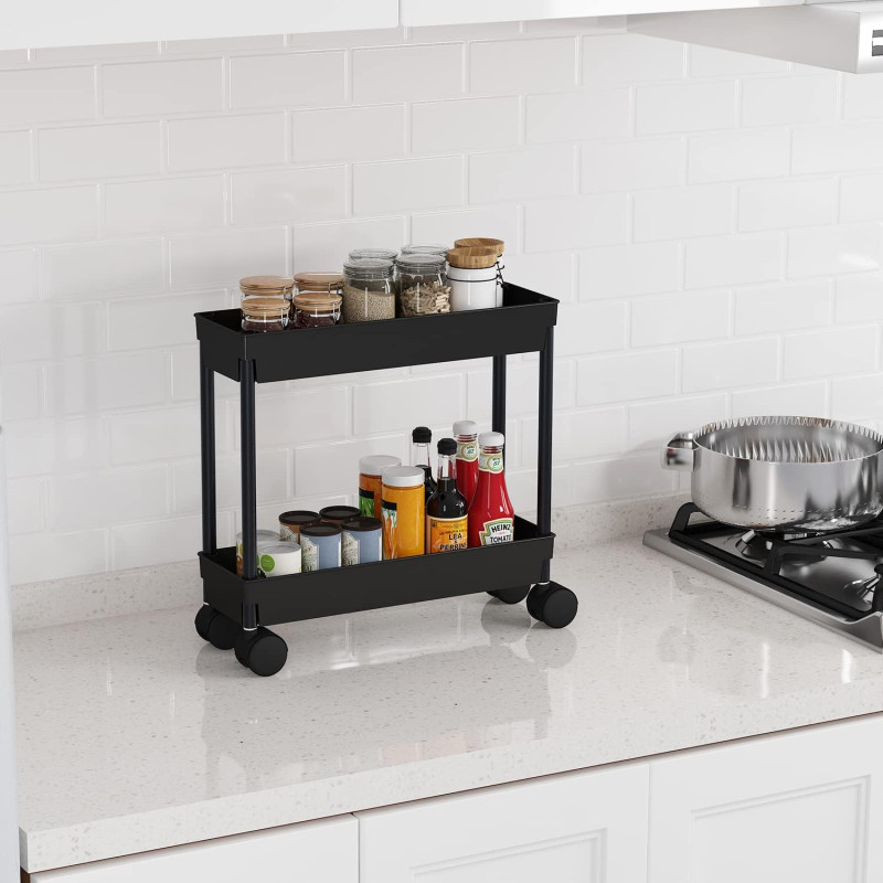 Black 4 Tier Slim Storage Cart, Rolling Storage Cart, Narrow Shelf For Kitchen, Bathroom, Laundry Room