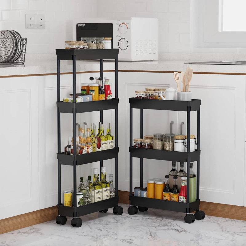 Black 4 Tier Slim Storage Cart, Rolling Storage Cart, Narrow Shelf For Kitchen, Bathroom, Laundry Room