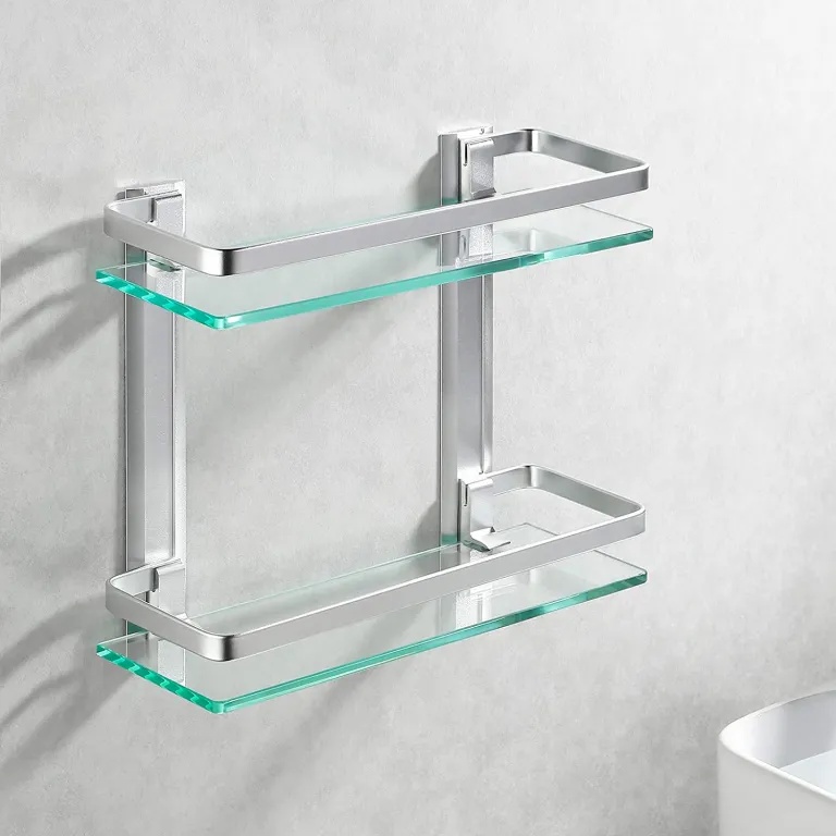 2 Tier Aluminum Bathroom Center Shelf Tempered Glass