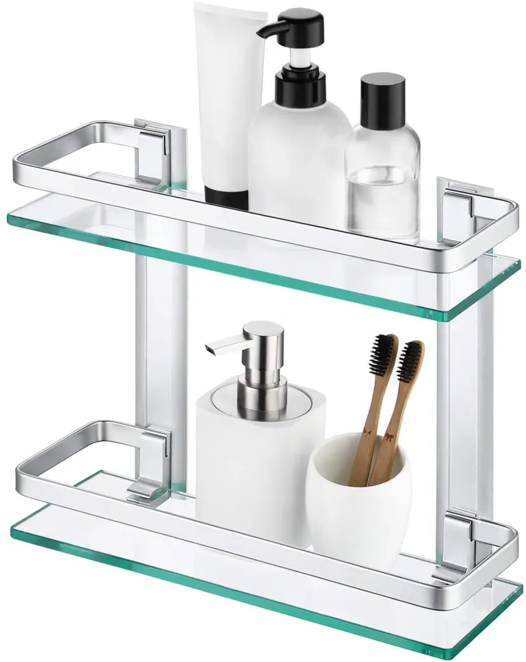 2 Tier Aluminum Bathroom Center Shelf Tempered Glass