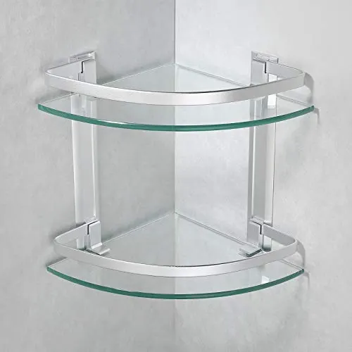 2 layer Aluminum Bathroom Corner Shelf Tempered Glass