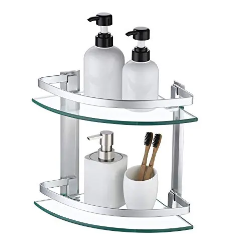 2 layer Aluminum Bathroom Corner Shelf Tempered Glass