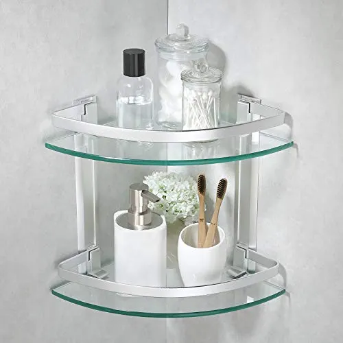2 layer Aluminum Bathroom Corner Shelf Tempered Glass