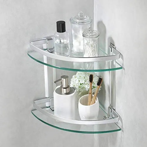 2 layer Aluminum Bathroom Corner Shelf Tempered Glass
