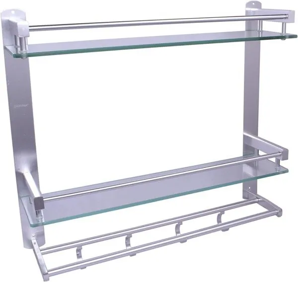 Premium Aluminum Glass Multipurpose 2 Tier Bathroom Shelf with Towel Holder
