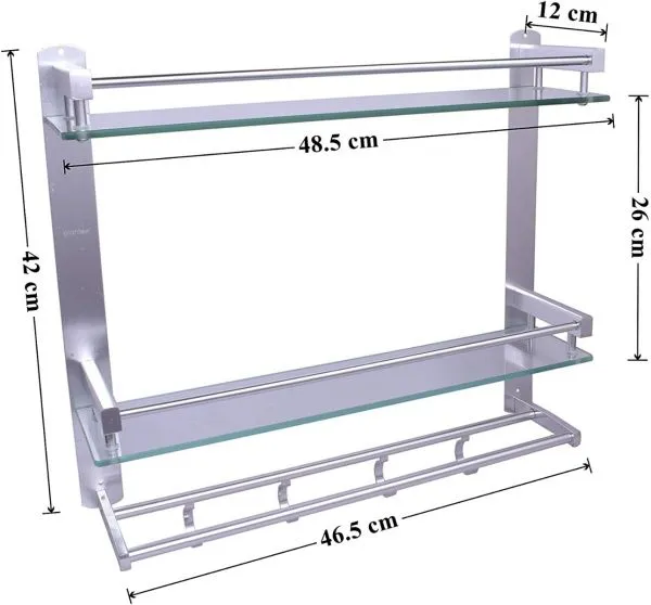 Premium Aluminum Glass Multipurpose 2 Tier Bathroom Shelf with Towel Holder