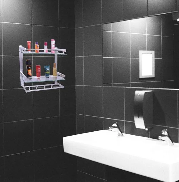 Premium Aluminum Glass Multipurpose 2 Tier Bathroom Shelf with Towel Holder