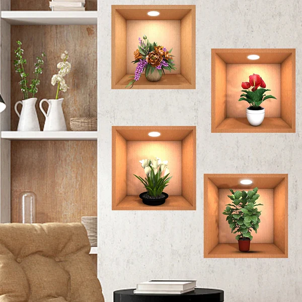 3D Flower Pot Look Wall Stickers (Set Of 4 Pieces)