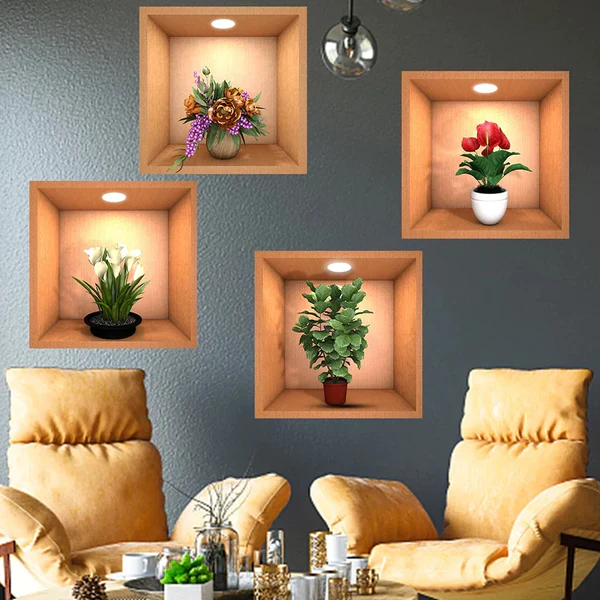 3D Flower Pot Look Wall Stickers (Set Of 4 Pieces)