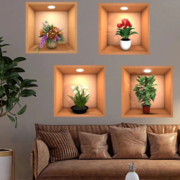 3D Flower Pot Look Wall Stickers (Set Of 4 Pieces)