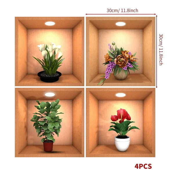 3D Flower Pot Look Wall Stickers (Set Of 4 Pieces)