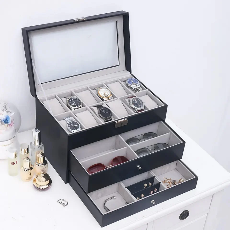 Three Layer Watch And Sunglasses Organizer In Best Quality Leather Material.