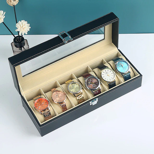 6 Grid Watch Organzier In Square Shape In Best Quality Leather Material.