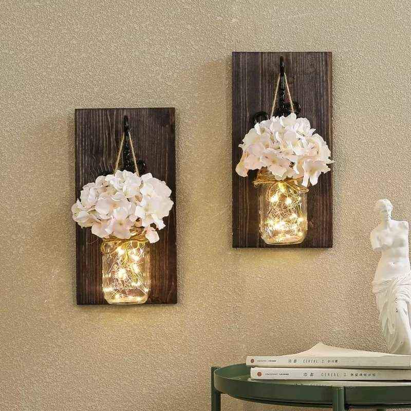 Flower Garland Jar Home Decoration Flower Led Jar With Wooden Hanging