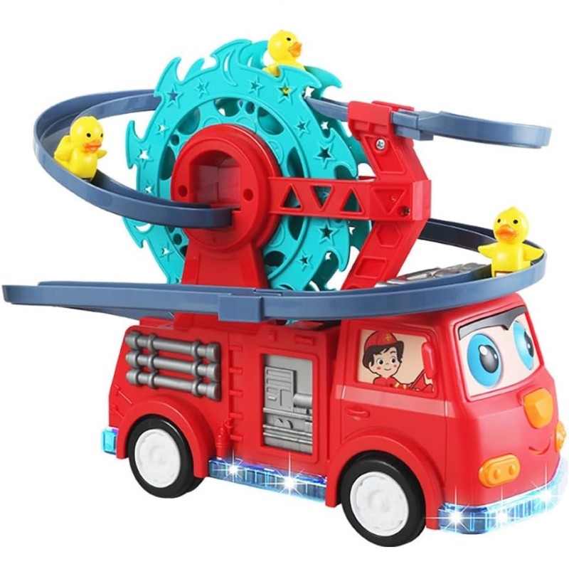 2 in 1 Fire Engine Duck Sliding Track Over Musical Truck Toy 