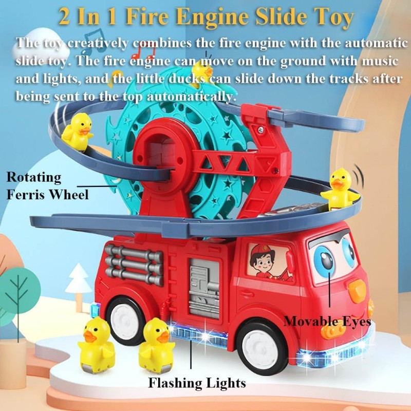 2 in 1 Fire Engine Duck Sliding Track Over Musical Truck Toy 