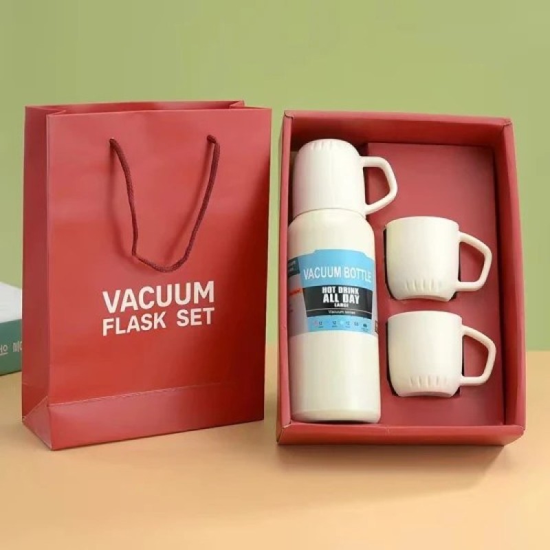 Stainless Steel Insulated Vacuum Flask Water Bottle Gift Set With 3 Cups