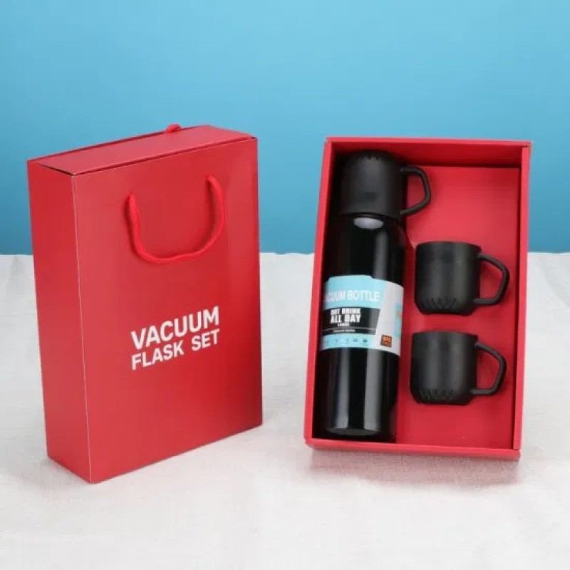 Stainless Steel Insulated Vacuum Flask Water Bottle Gift Set With 3 Cups