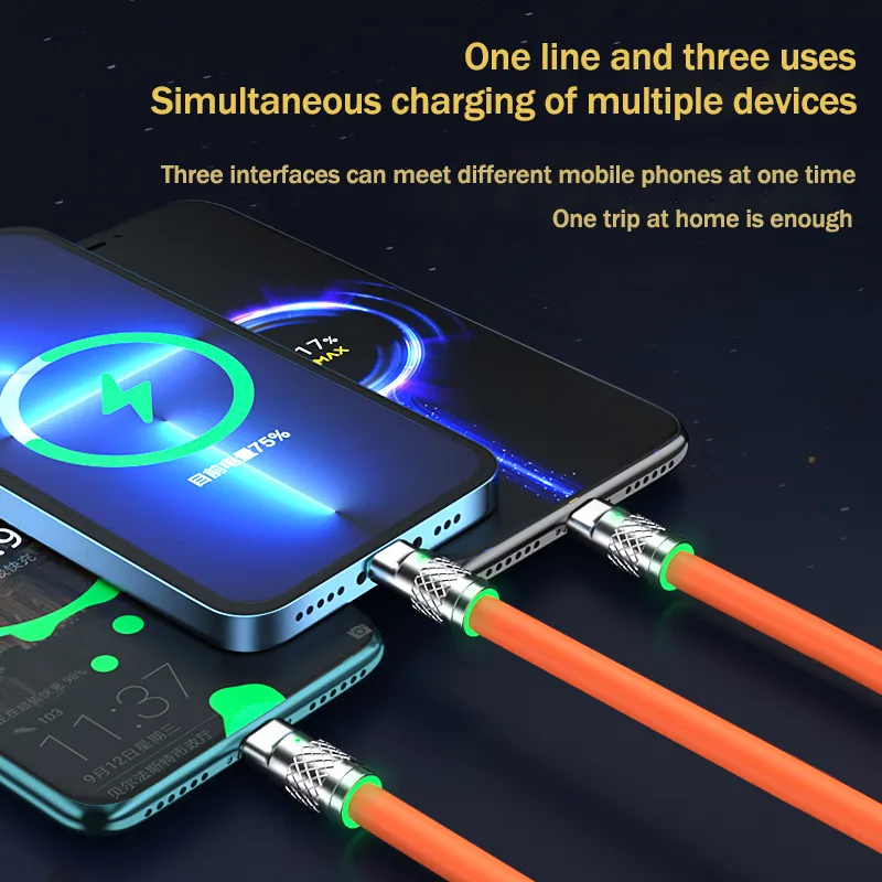 120W Super Fast Charge Liquid Silicone 3 IN 1 Cable Charger Data Line For Type-C iphone Android USB Data Line