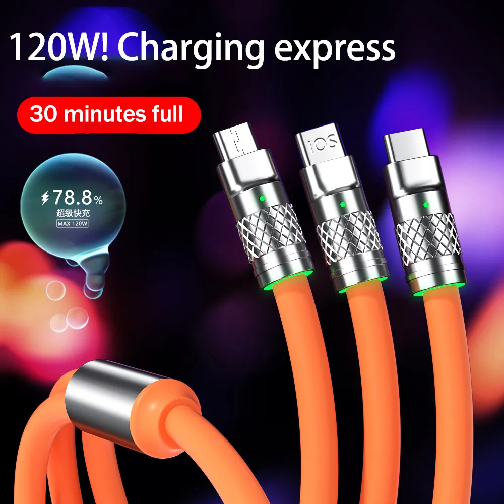 120W Super Fast Charge Liquid Silicone 3 IN 1 Cable Charger Data Line For Type-C iphone Android USB Data Line