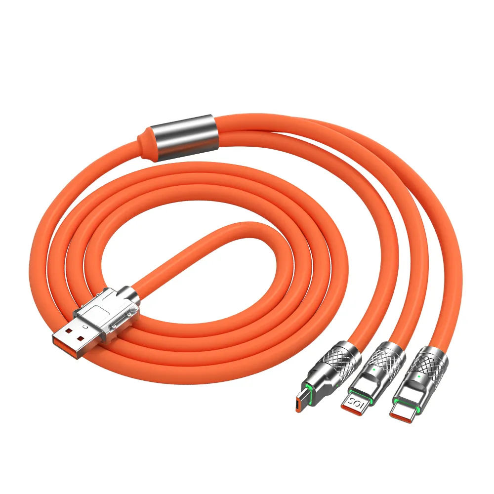 120W Super Fast Charge Liquid Silicone 3 IN 1 Cable Charger Data Line For Type-C iphone Android USB Data Line