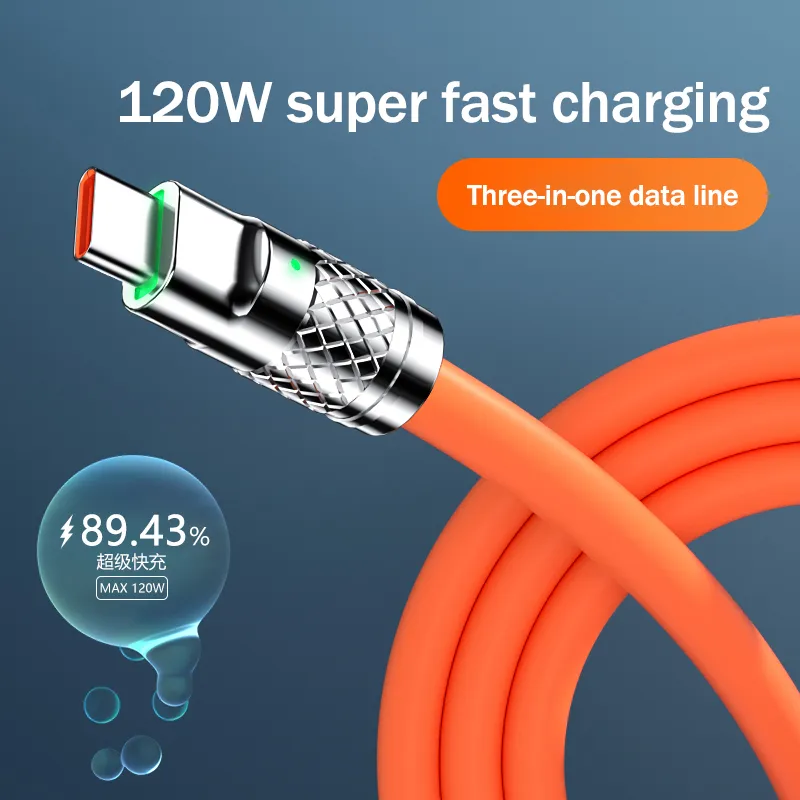 120W Super Fast Charge Liquid Silicone 3 IN 1 Cable Charger Data Line For Type-C iphone Android USB Data Line