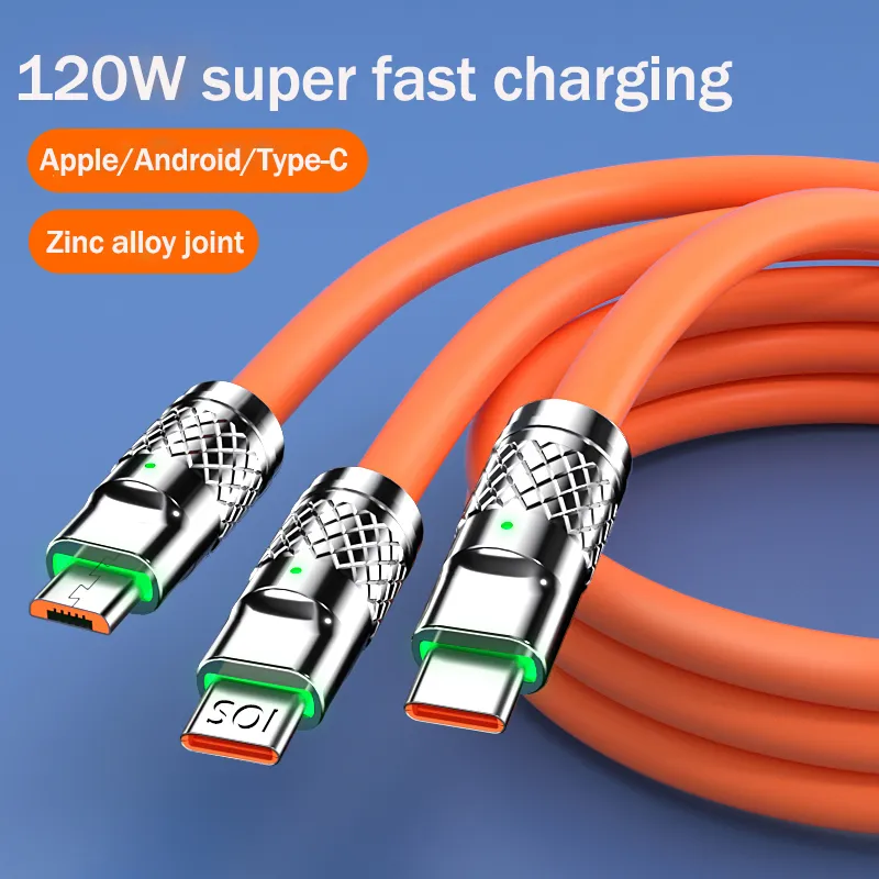 120W Super Fast Charge Liquid Silicone 3 IN 1 Cable Charger Data Line For Type-C iphone Android USB Data Line