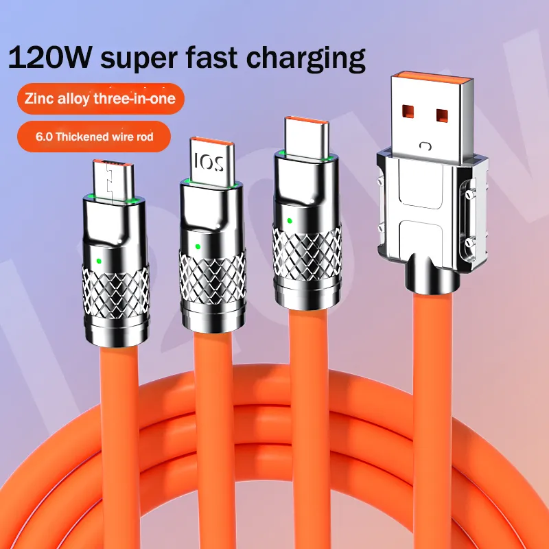 120W Super Fast Charge Liquid Silicone 3 IN 1 Cable Charger Data Line For Type-C iphone Android USB Data Line