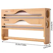 1pc Bamboo Kitchen Wrap Organizer 4-in-1 Wall Mount Storage for Foil, Plastic Wrap, Parchment Paper & Paper Towels with Cutter