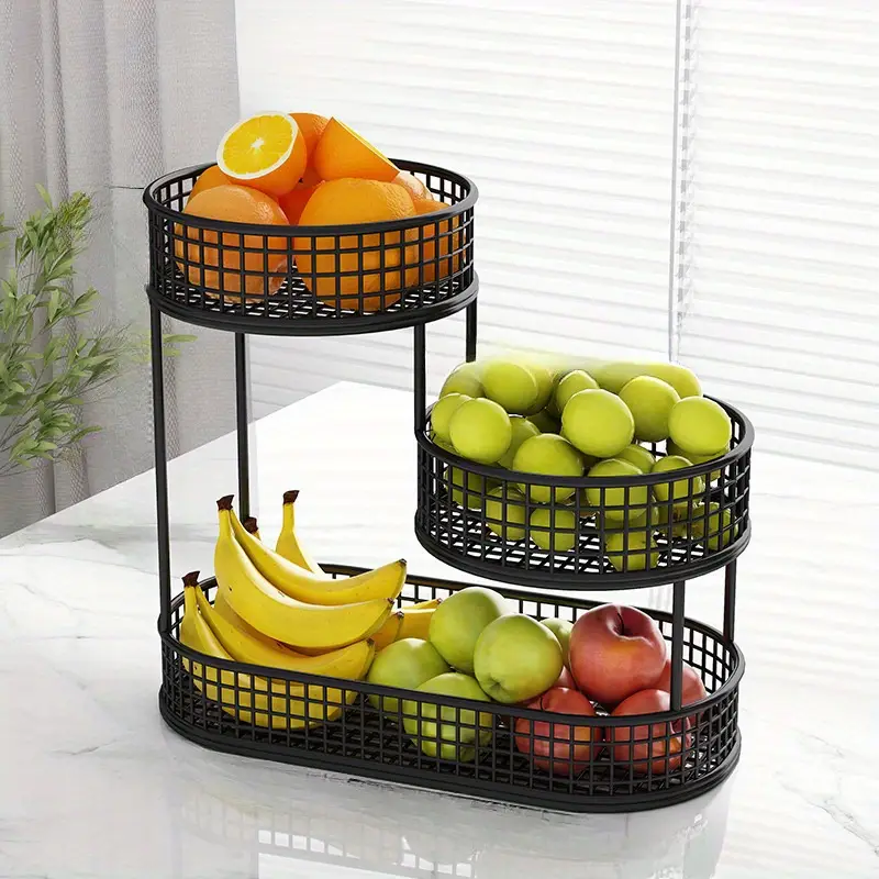 Modern Round Metal Storage Basket, Multi-Layer Organizer for Kitchen & Living Room