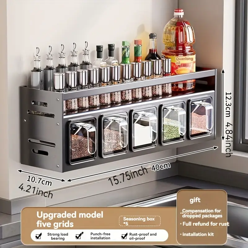 2-Tier Wall-Mounted Spice Organizer with Seasoning Jars  Polished Metal, No-Drill Installation for Kitchen Storage, Spice Rack