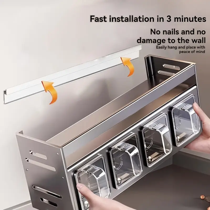 2-Tier Wall-Mounted Spice Organizer with Seasoning Jars  Polished Metal, No-Drill Installation for Kitchen Storage, Spice Rack