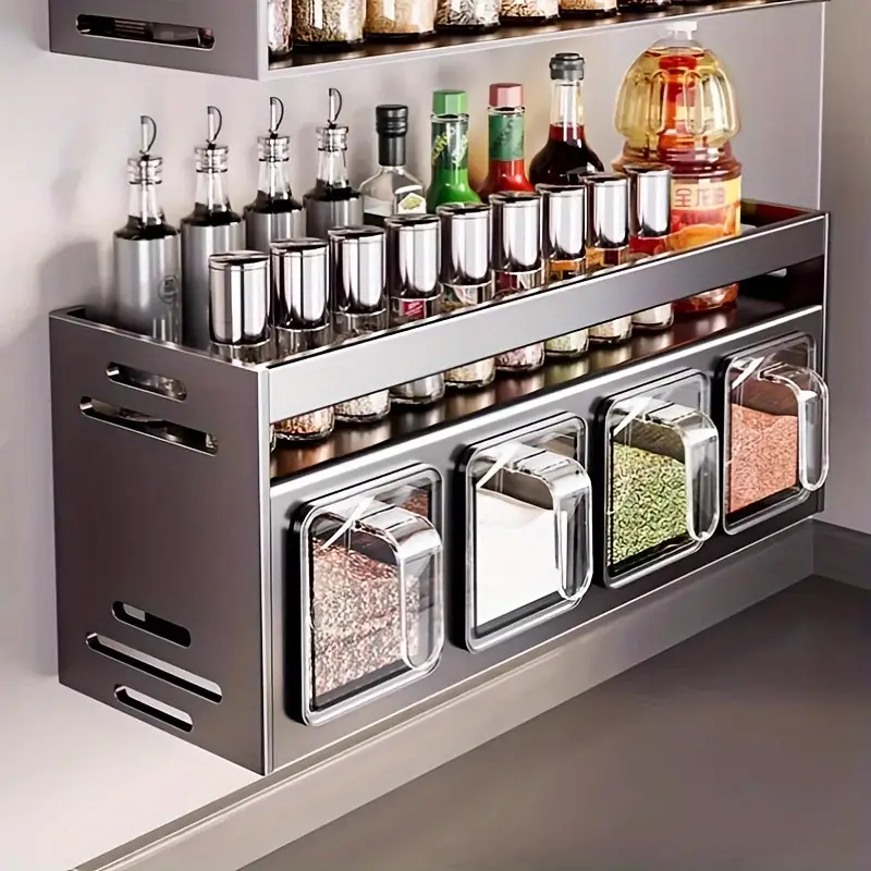 2-Tier Wall-Mounted Spice Organizer with Seasoning Jars  Polished Metal, No-Drill Installation for Kitchen Storage, Spice Rack
