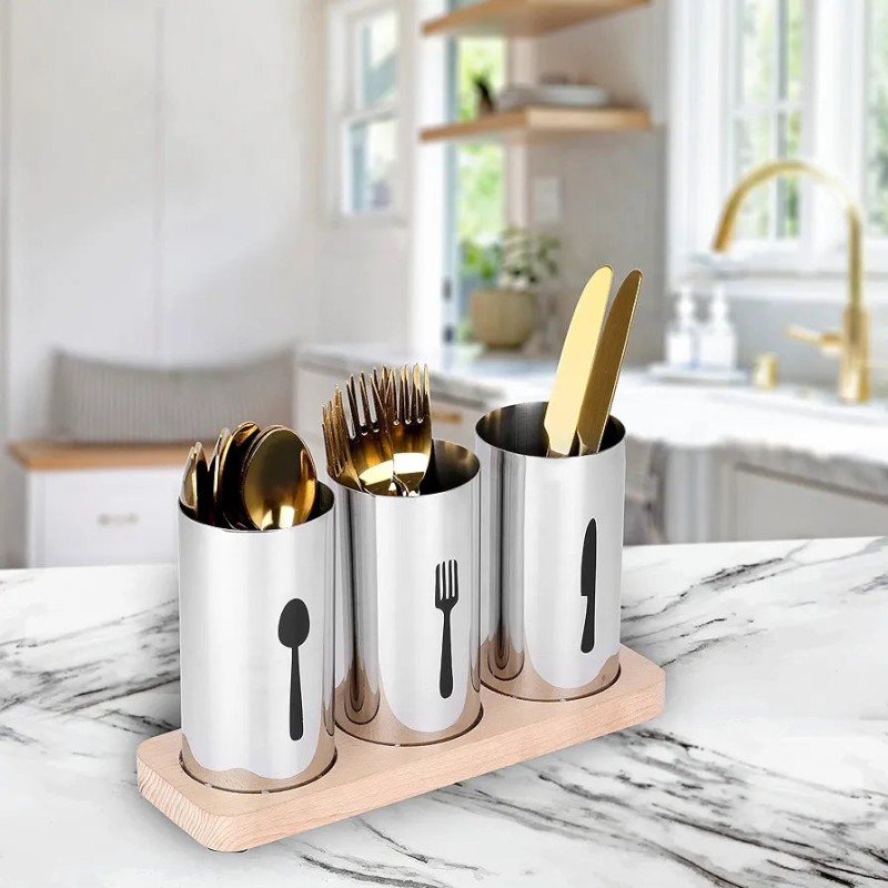 Flatware Organizer Caddy with Wood Base