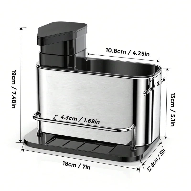 3-in-1 Kitchen Stainless Steel Tableware Soap Dispenser, Sponge Holder, Sink Organizer Drain Rack, Suitable for Kitchen Sinks