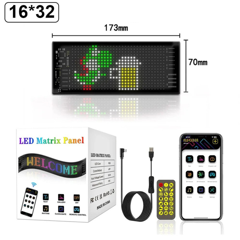 LED Matrix Pixel Panel Display Screen Flexible RGB Car Graffiti Scrolling Text Animation Shop Reminder Light Bluetooth