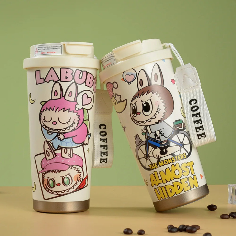 Labubu Cute Cartoon Coffee Thermos Leakproof Portable Travel Mug With Lid