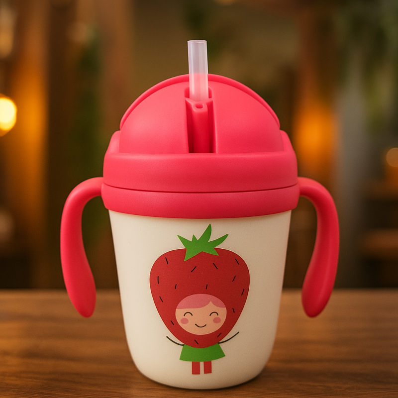 Cute Strawberry Baby Sippy Cup with Handles & Silicone Straw | Leak-Proof BPA Free