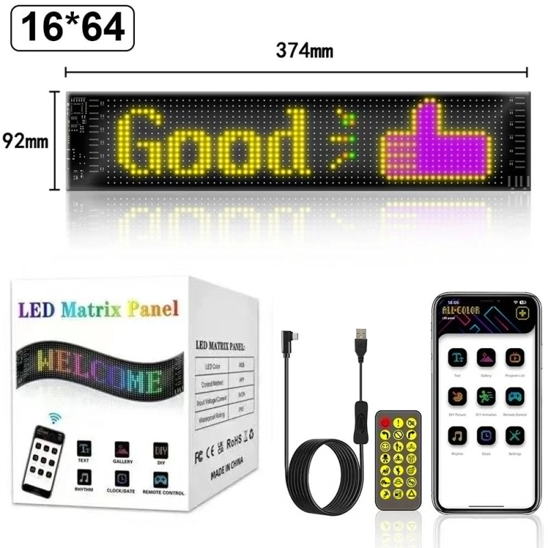LED Matrix Pixel Panel Display Screen Flexible RGB Car Graffiti Scrolling Text Animation Shop Reminder Light Bluetooth