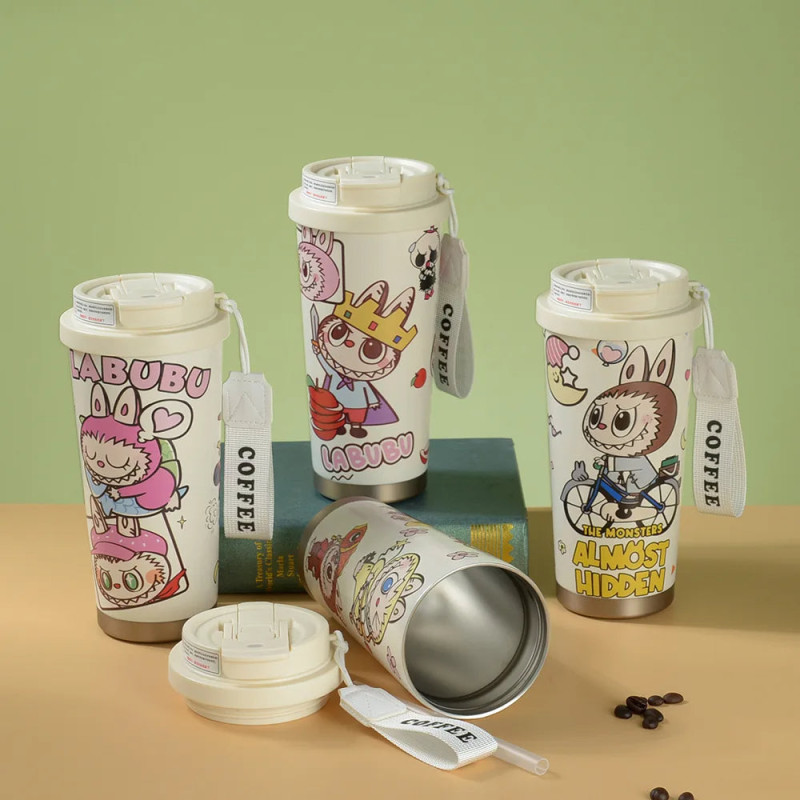 Labubu Cute Cartoon Coffee Thermos Leakproof Portable Travel Mug With Lid