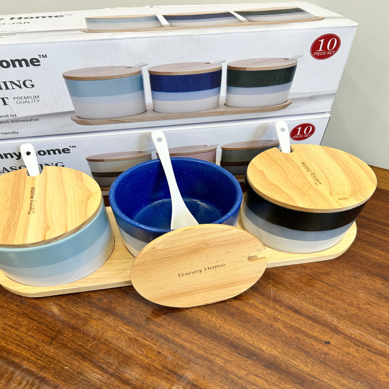 Danny Home 3PCS Porcelain Ceramic Seasoning Jar Sets with Wooden Lids & Spoons