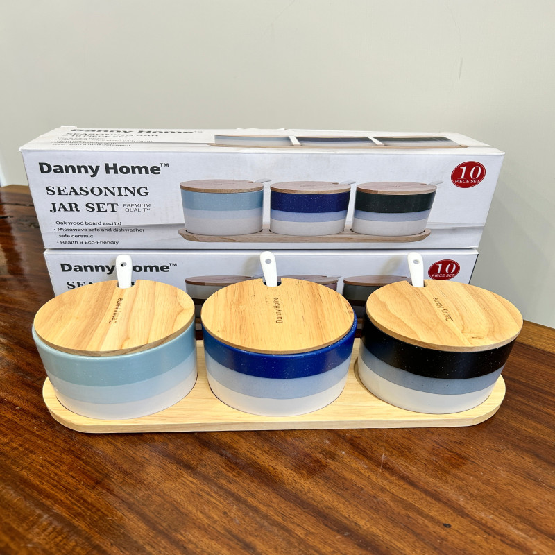 Danny Home 3PCS Porcelain Ceramic Seasoning Jar Sets with Wooden Lids & Spoons