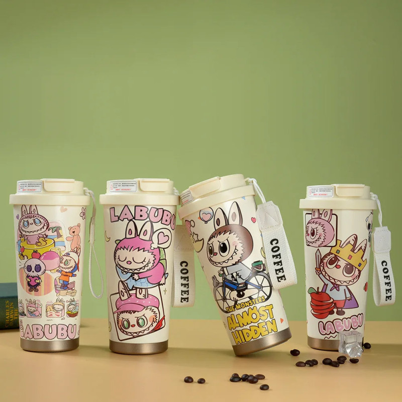 Labubu Cute Cartoon Coffee Thermos Leakproof Portable Travel Mug With Lid