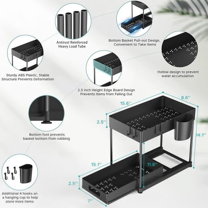 2 Tier Under Sink Organizer Sliding Cabinet Basket