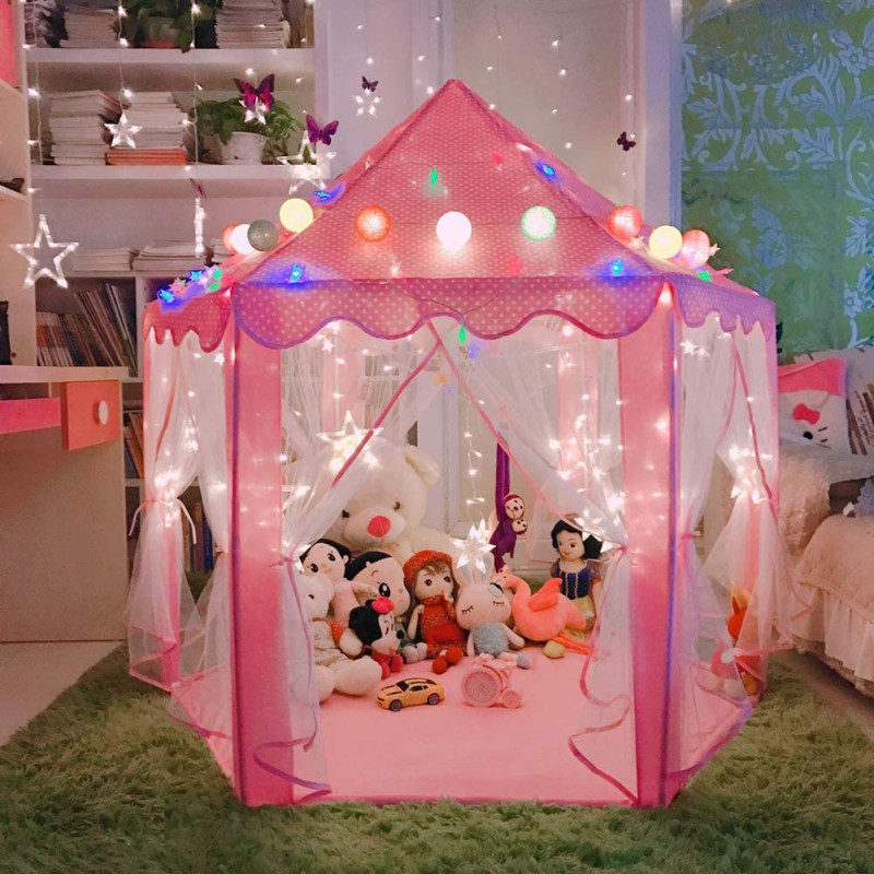 Princess Tent Girls Pink Large Playhouse With Lights for Indoor and Outdoor