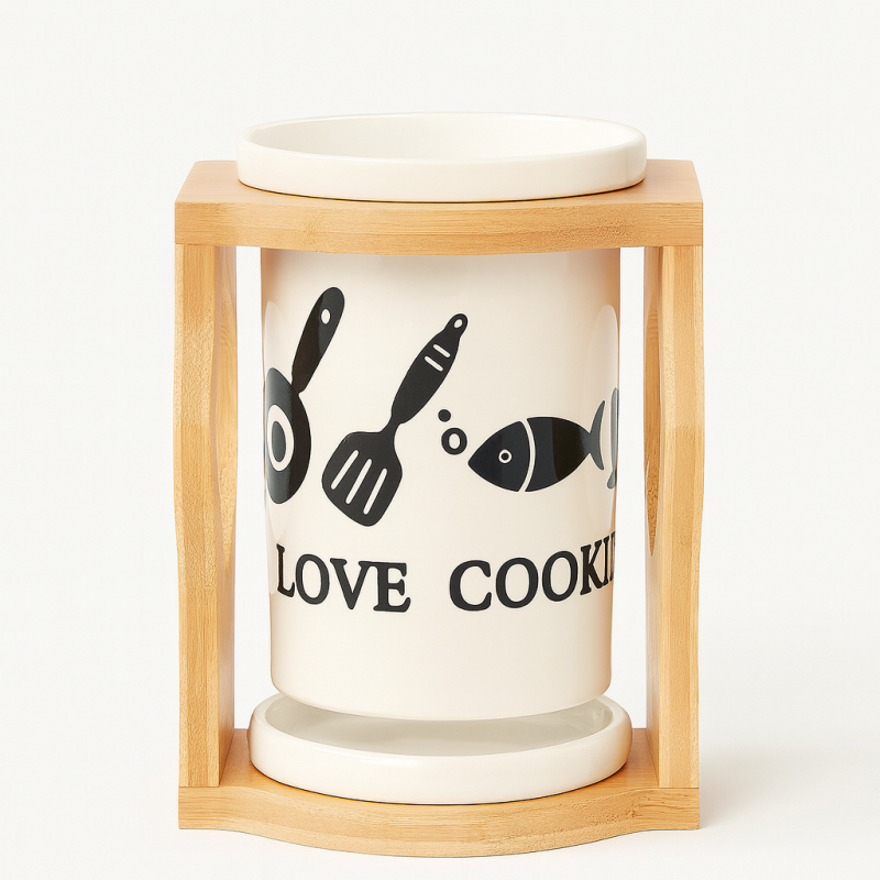 Ceramic Cutlery Holder with Wooden Stand for Dining Table